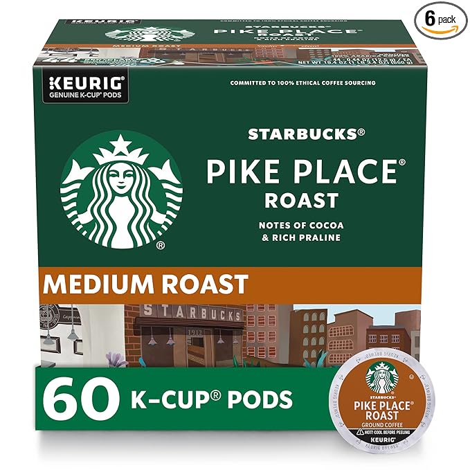 Starbucks K-Cup Coffee Pods, Medium Roast Hot or Iced Coffee, Pike Place Roast, 60 Keurig Pods