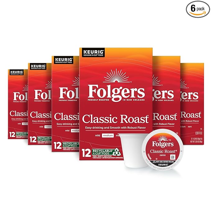 Folgers Classic Roast, Medium Roast Coffee, Keurig K-Cup Pods, 12 Count Boxes (Pack of 6)