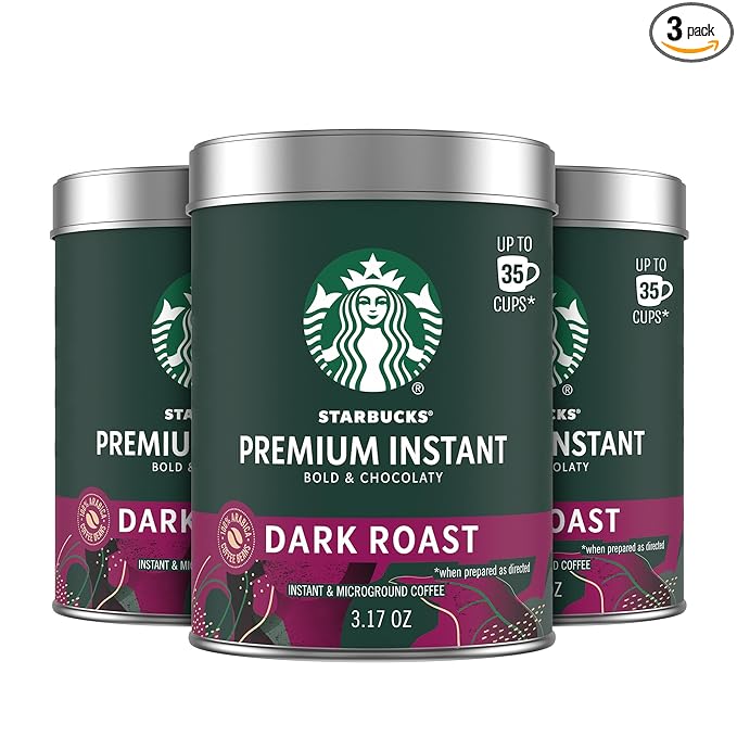 Starbucks Premium Instant Coffee, Dark Roast Coffee, Arabica Beans, Three 3.17 oz Tins